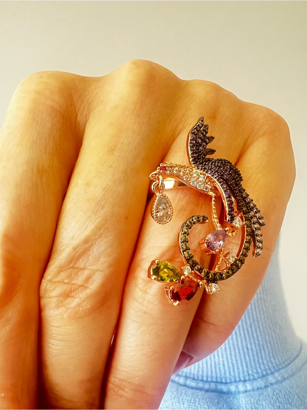 Multicolor Crystal Bird Ring - Women's Jewelry